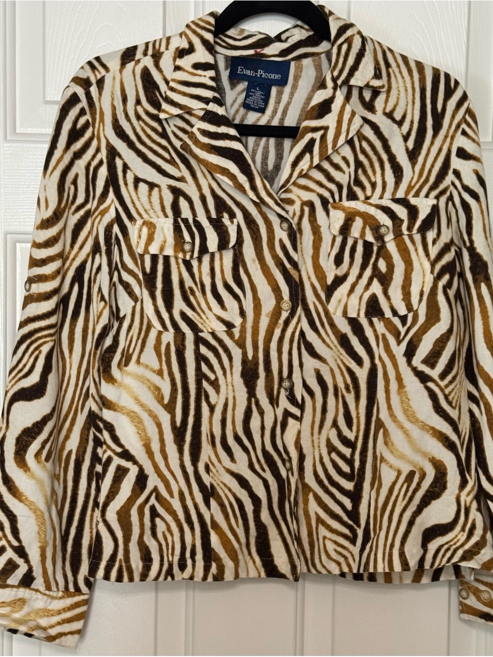 Evan Picone Brown Zebra Print Button-Front Linen Blend Shirt